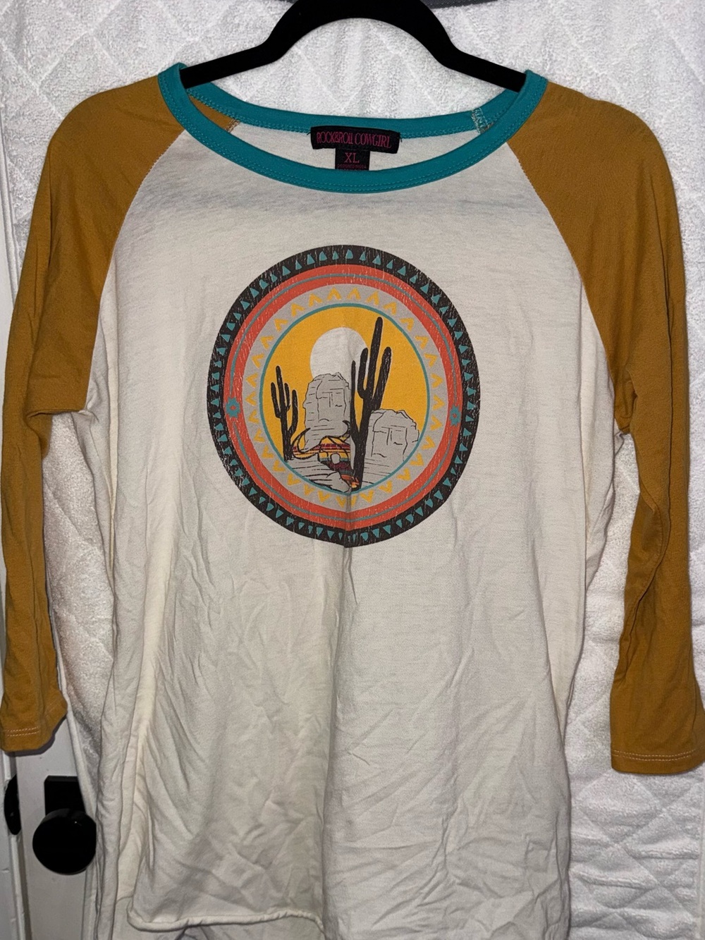 Rock & Roll Cowboy Cream and Mustard Raglan Graphic Top